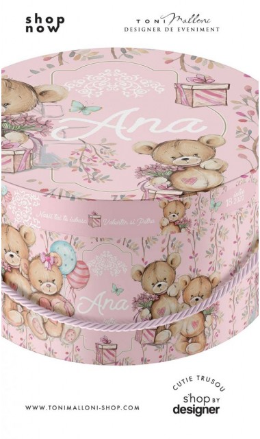 Cutie trusou cu ursulet roz personalizata grafic cu floricele finute 3